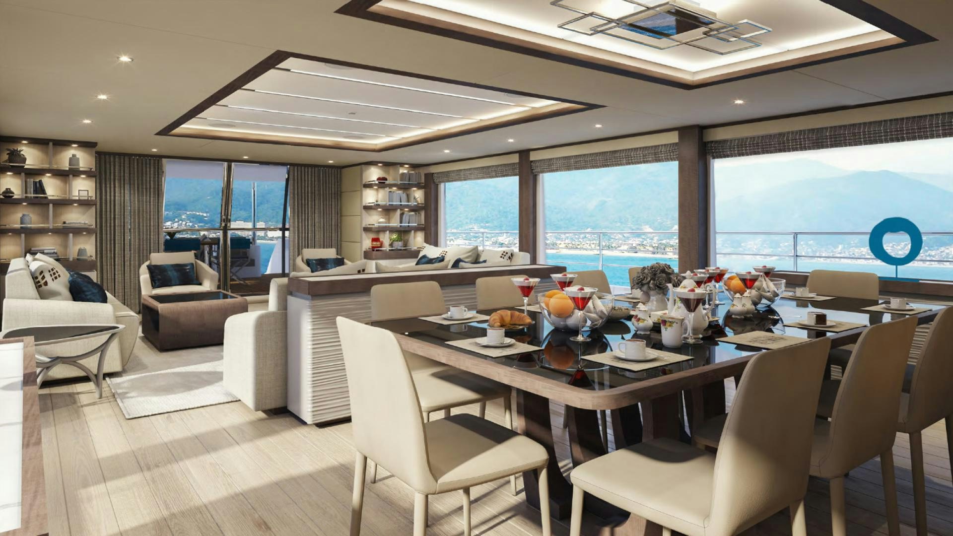 a large room with a table and chairs aboard MAJESTY 100 Yacht for Sale