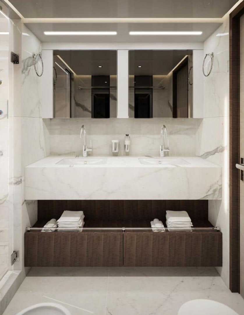 a bathroom with a large mirror aboard MAJESTY 100 Yacht for Sale