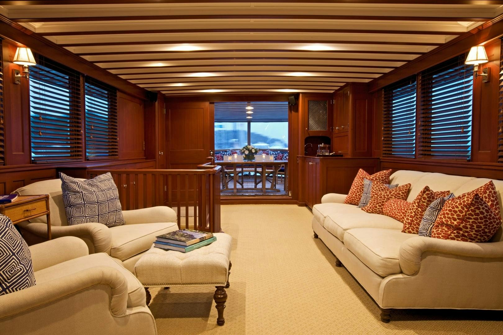 a living room with a large window aboard FREEDOM Yacht for Sale