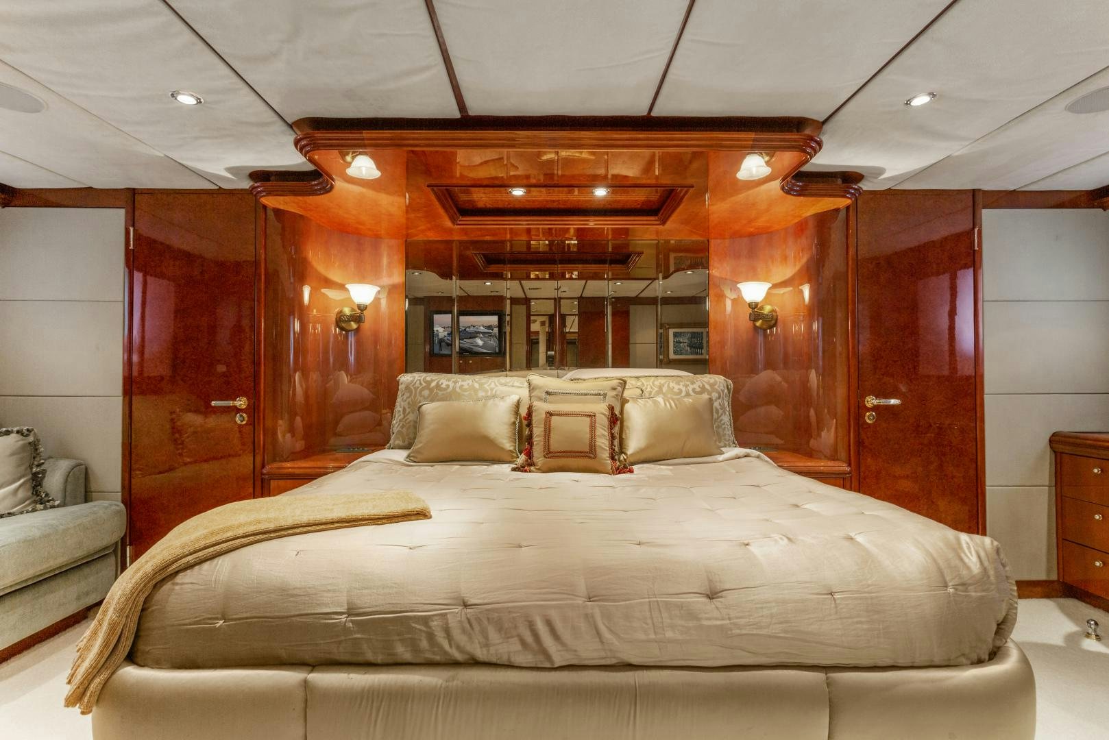 a bed in a room aboard ANA’S INSPIRATION Yacht for Sale