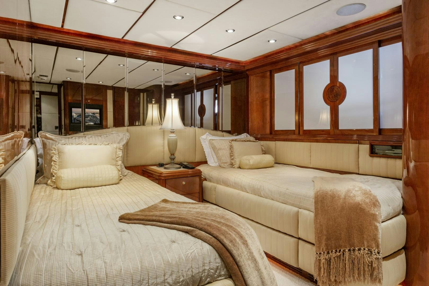 a room with two beds aboard ANA’S INSPIRATION Yacht for Sale