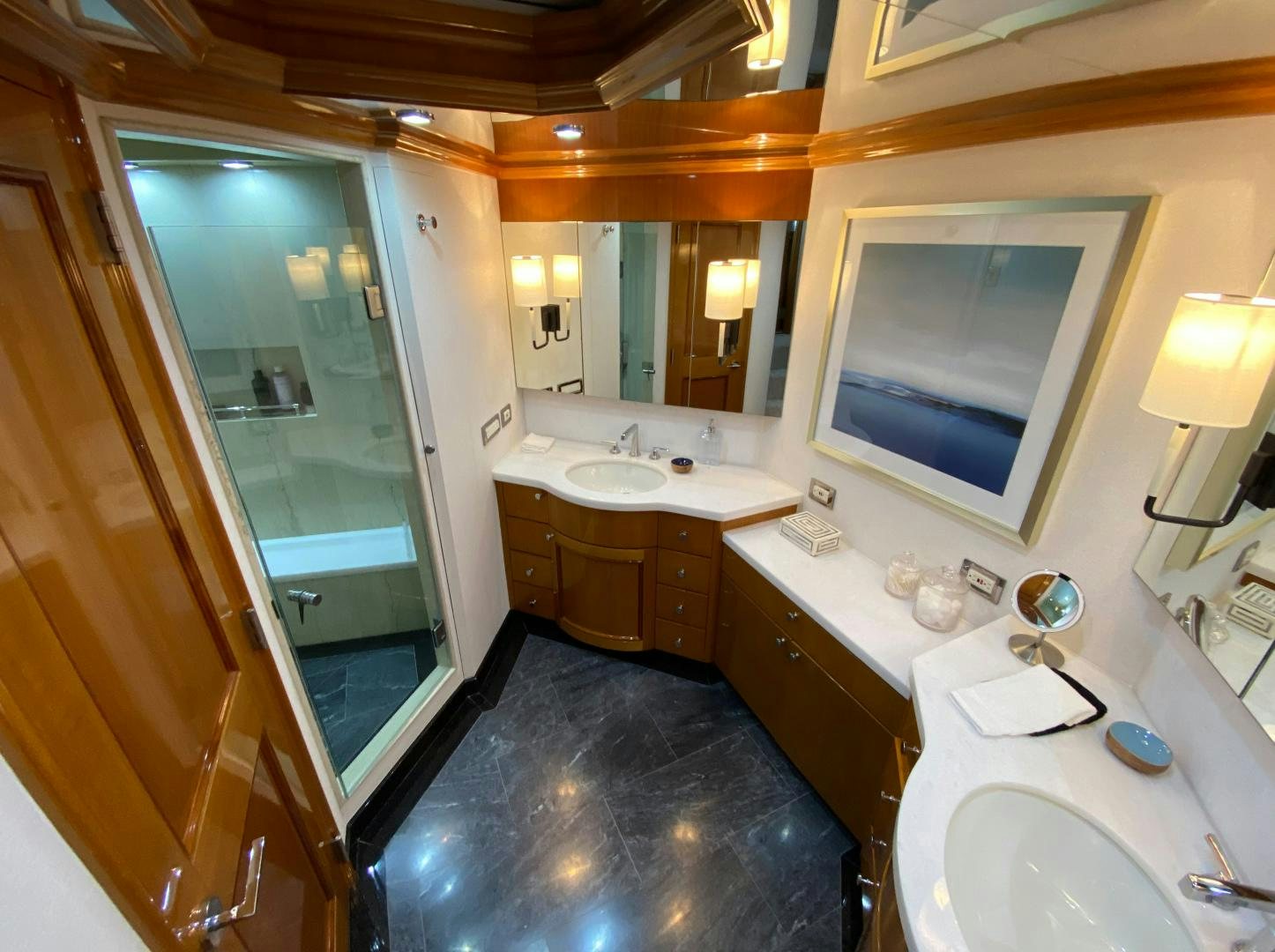 a bathroom with a large mirror aboard BLUE STEELE Yacht for Sale
