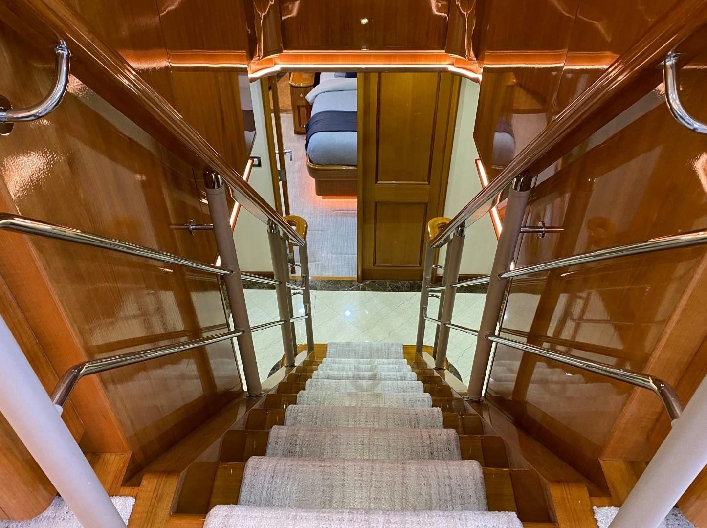a hallway with metal railings aboard BLUE STEELE Yacht for Sale