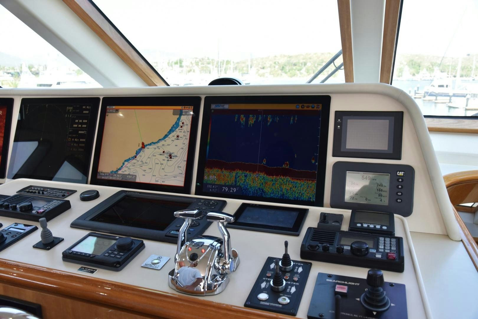 a desk with computers and electronics aboard BLUE STEELE Yacht for Sale