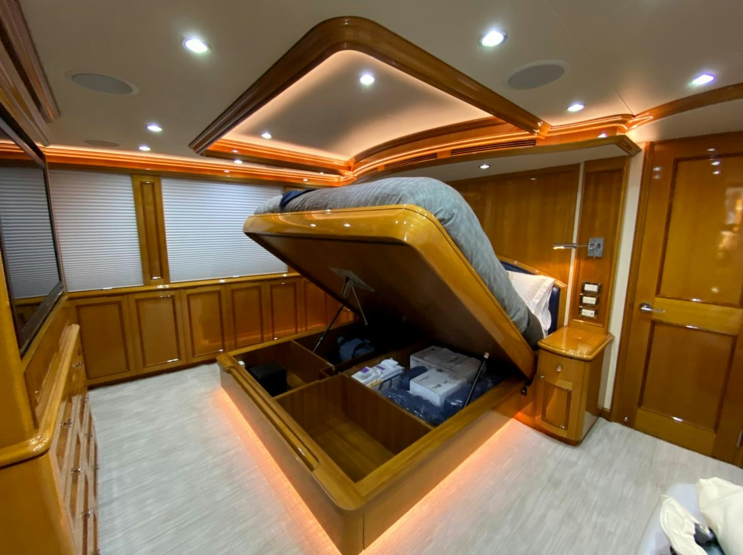 a room with a bed and a desk aboard BLUE STEELE Yacht for Sale