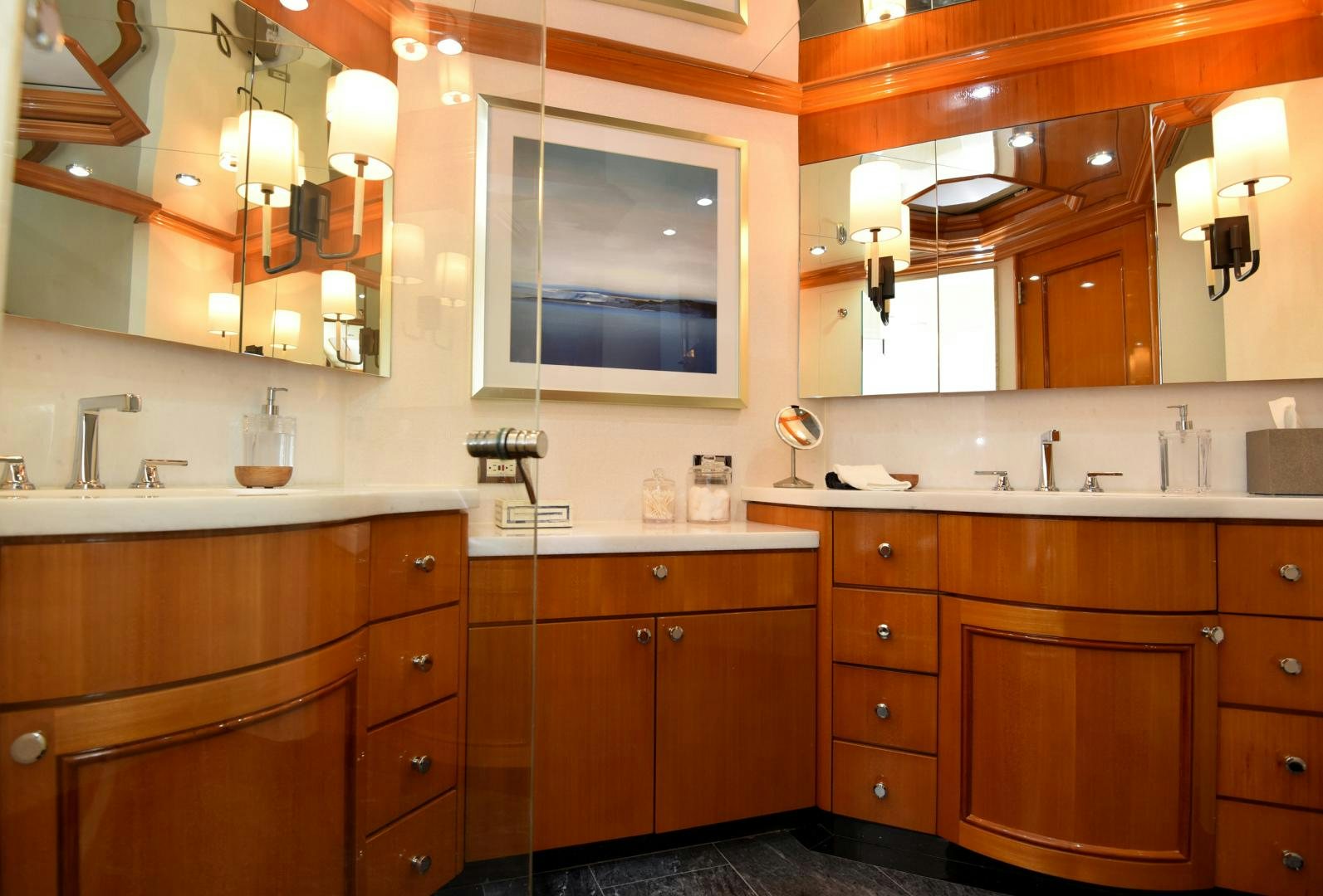 a bathroom with a large mirror aboard BLUE STEELE Yacht for Sale