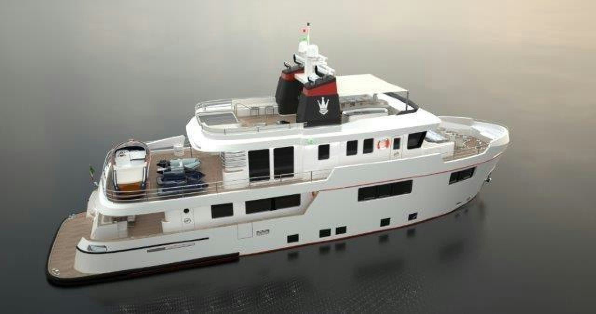 a white boat with a red stripe aboard No Name Yacht for Sale