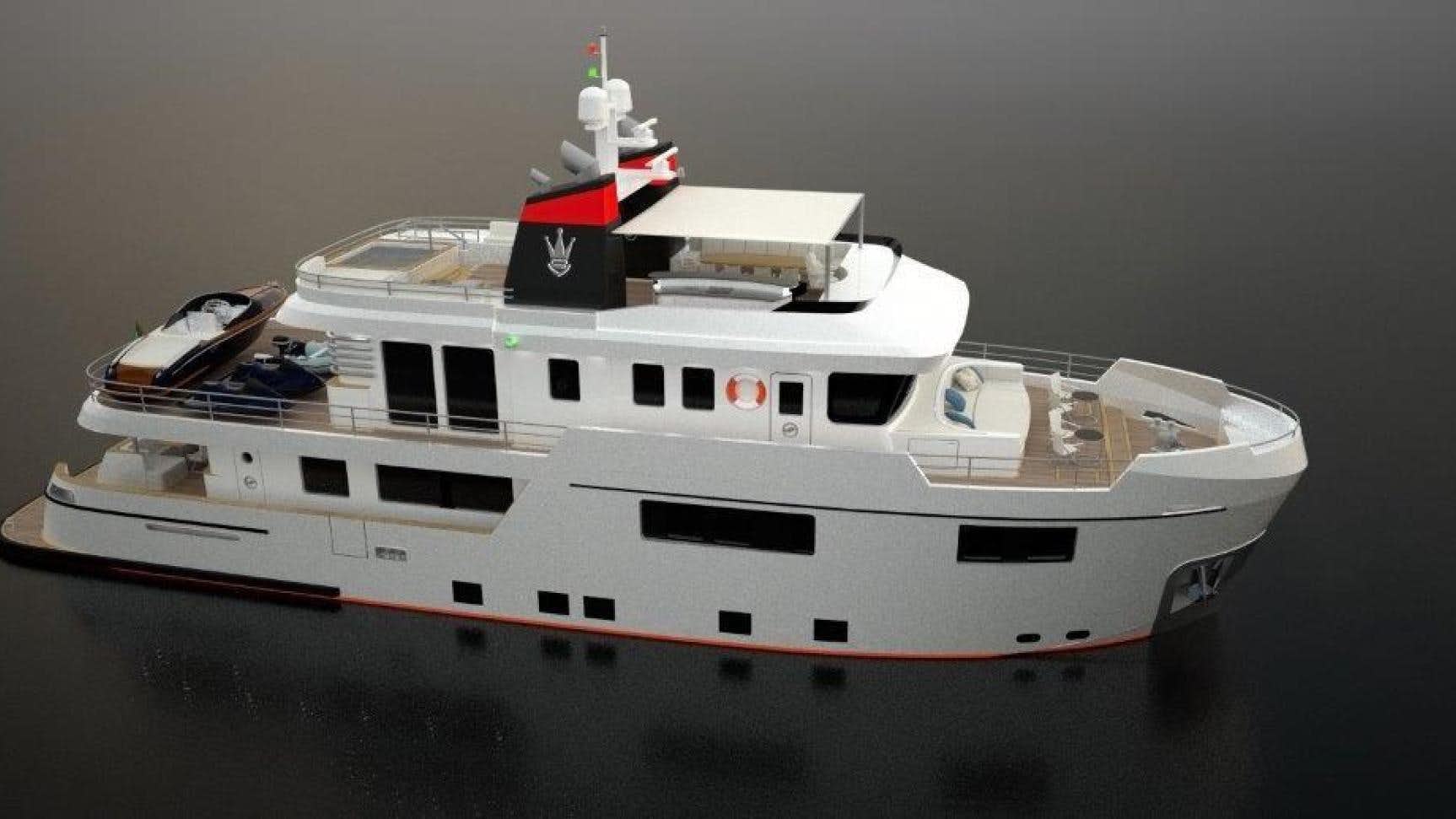 a white yacht with red stripe aboard No Name Yacht for Sale