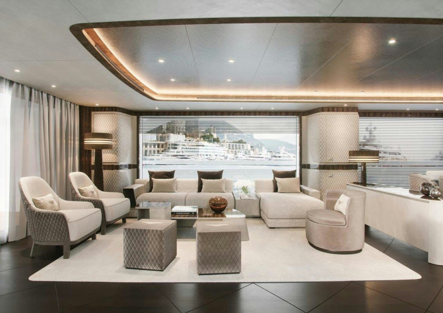 a living room with a large window aboard G 300 Yacht for Sale