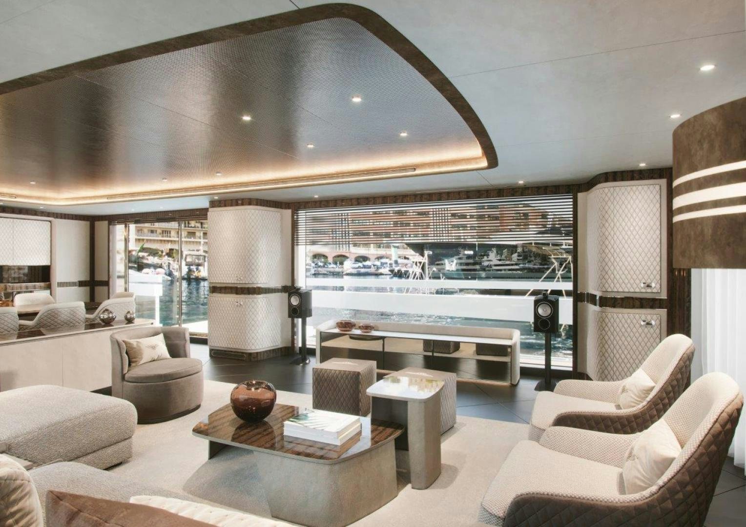 a living room with a large window aboard G 300 Yacht for Sale
