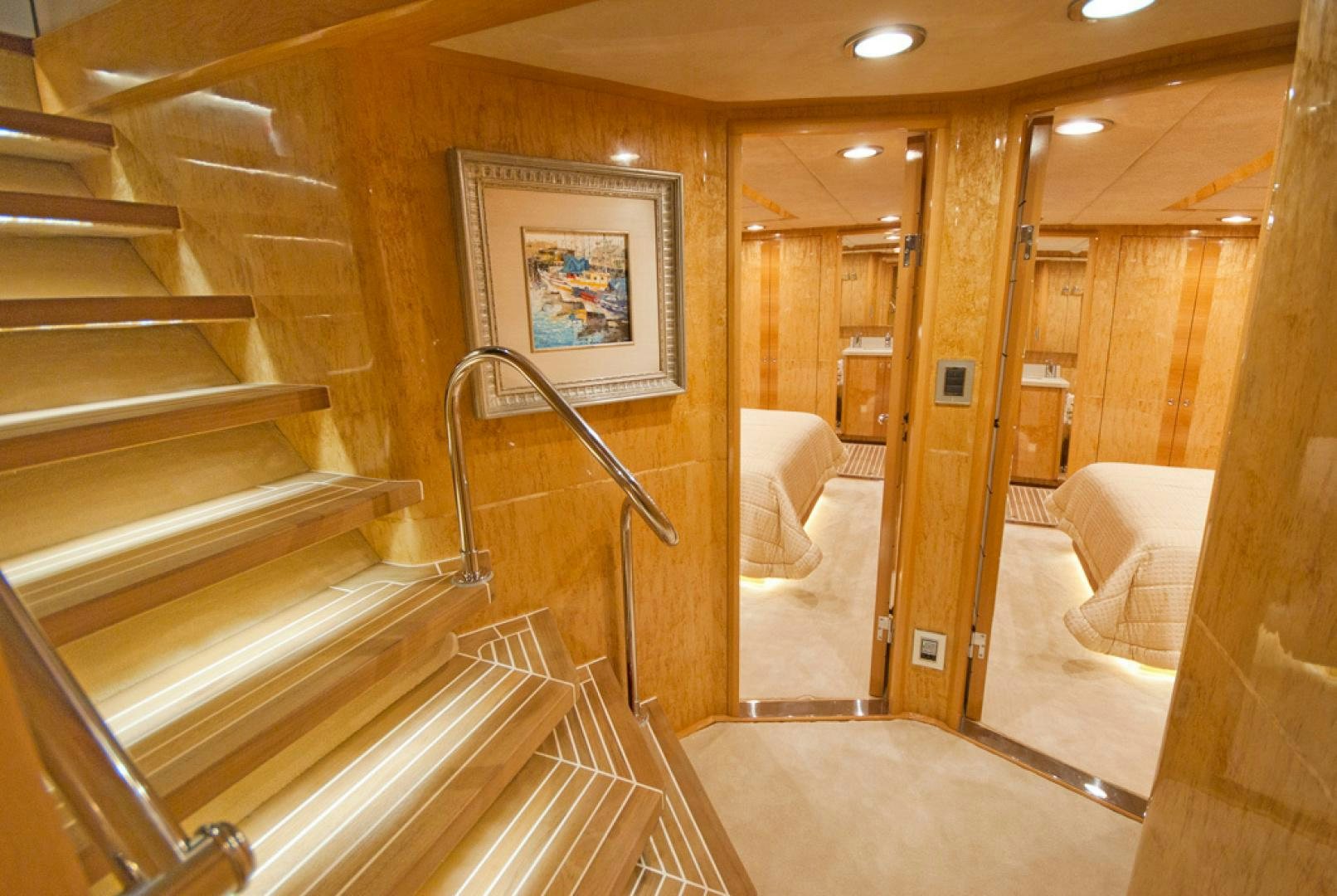 a bathroom with a staircase and a glass door aboard RED PEARL Yacht for Sale