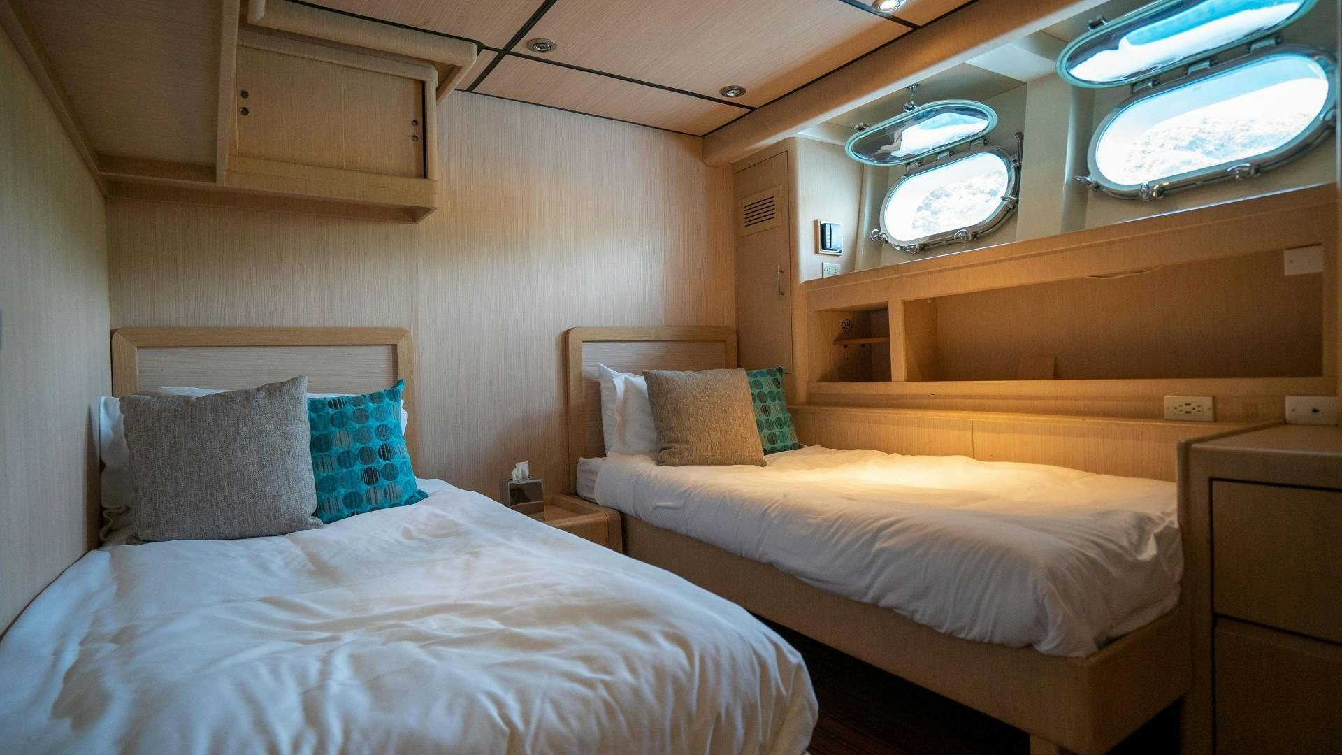a room with two beds aboard MARAZUL Yacht for Sale