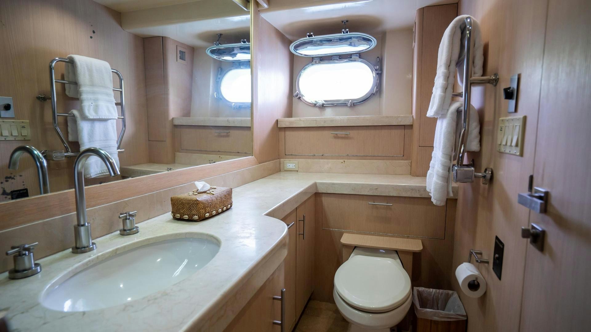a bathroom with a sink and toilet aboard MARAZUL Yacht for Sale