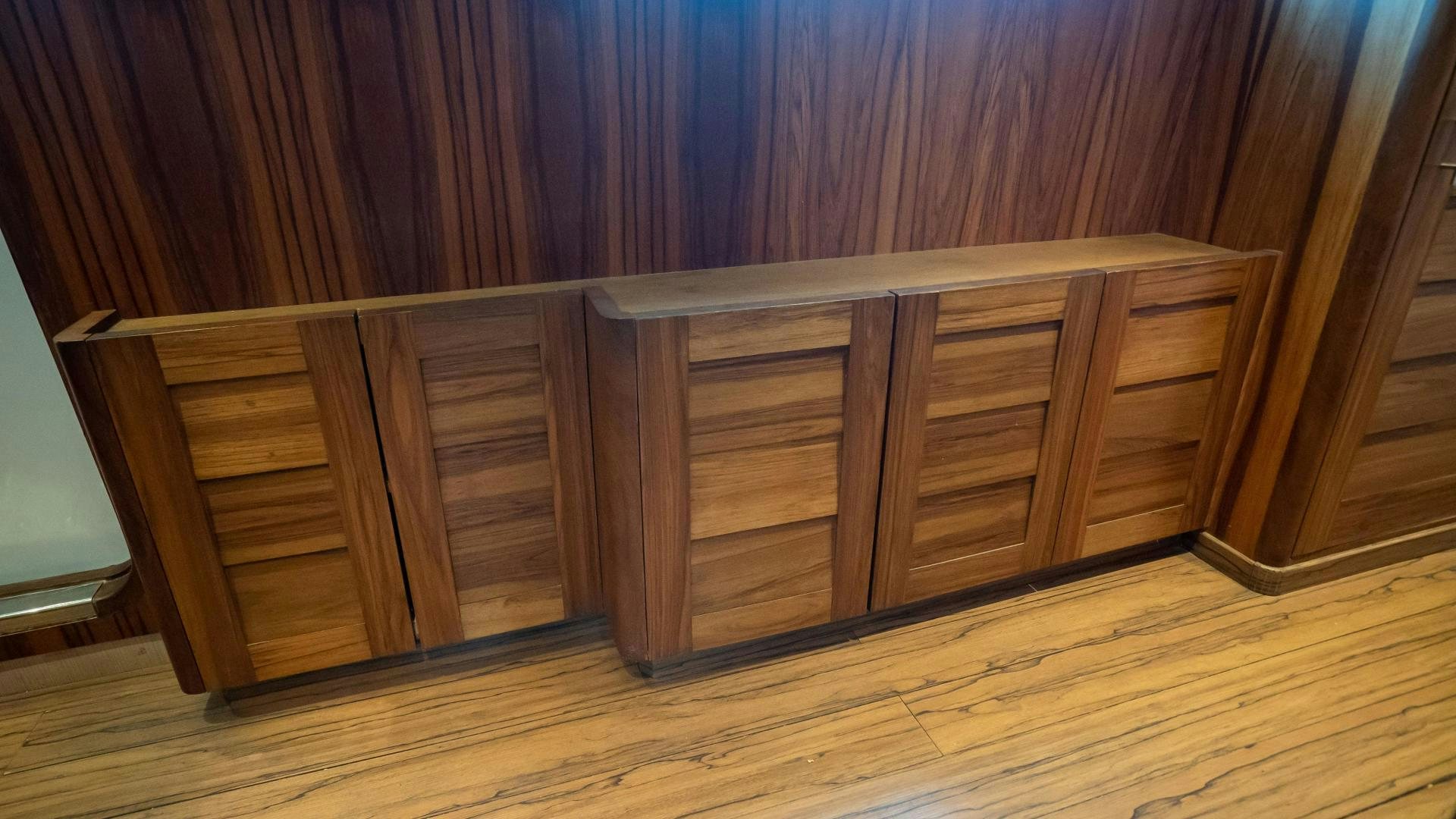 a wooden shelf with a wooden surface aboard MARAZUL Yacht for Sale