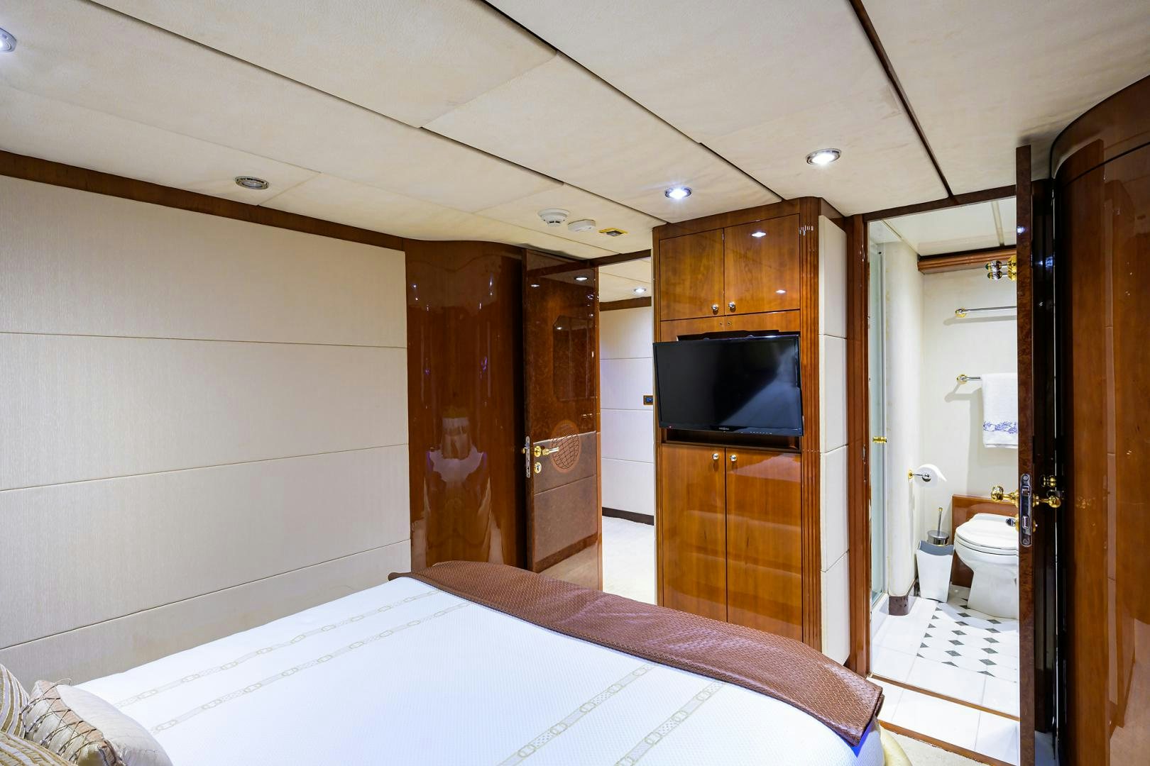 a bathroom with a large mirror aboard MY DESTINY Yacht for Sale