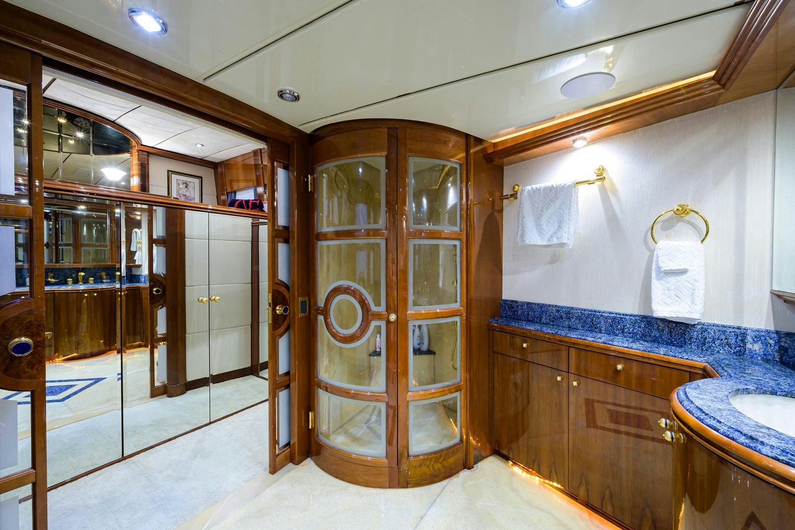 a bathroom with a shower unit aboard MY DESTINY Yacht for Sale