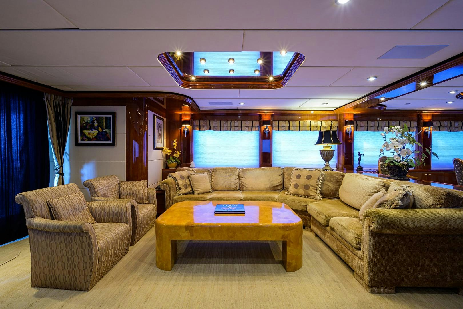 a living room with a large window aboard MY DESTINY Yacht for Sale