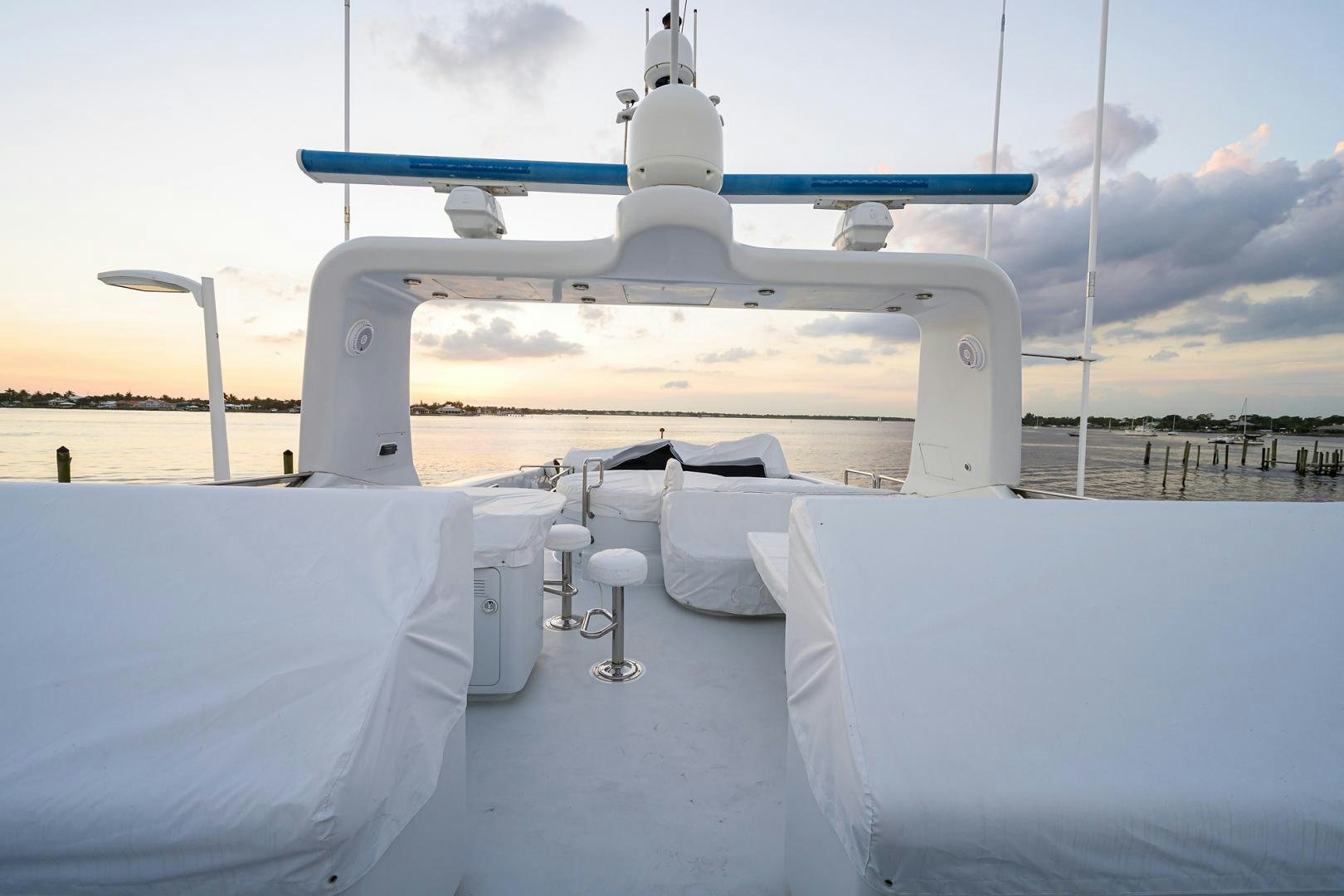 a white table with a blue tablecloth on it aboard MY DESTINY Yacht for Sale