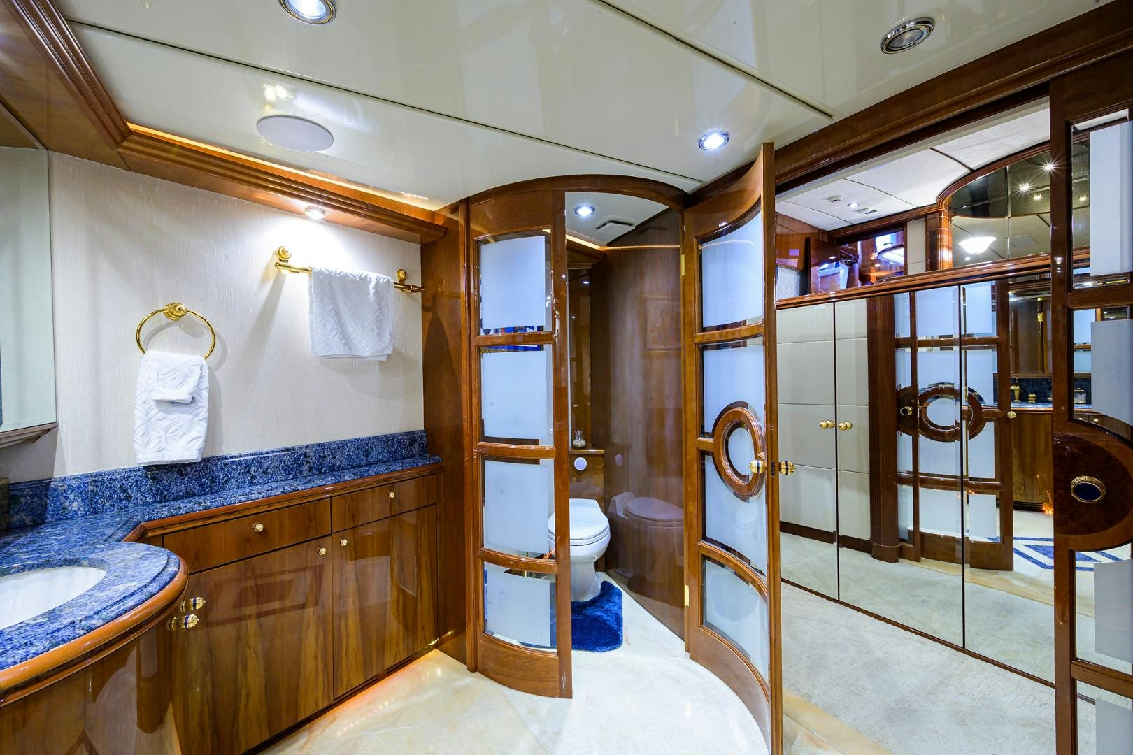 a bathroom with a stand up shower aboard MY DESTINY Yacht for Sale