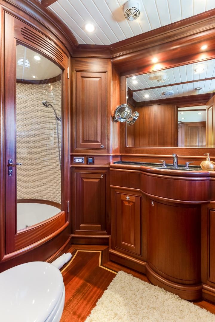 a bathroom with a large shower aboard CHANSON II Yacht for Sale