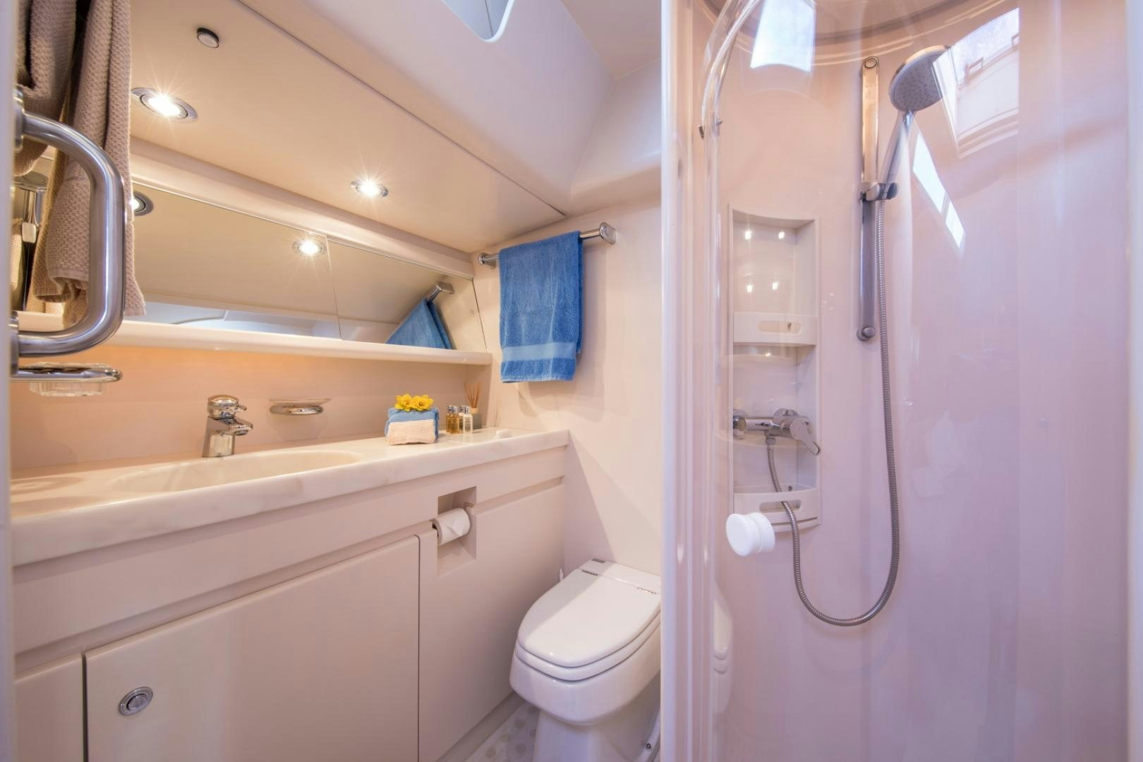 a bathroom with a shower and toilet aboard ALTA MAREA Yacht for Sale