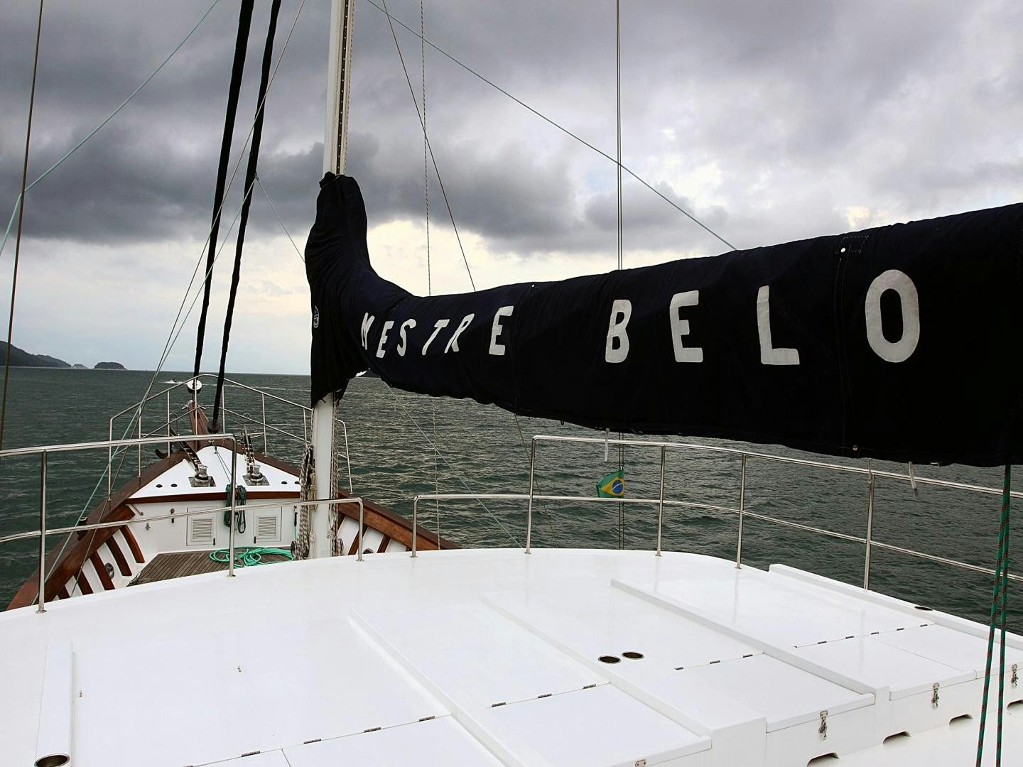 a black sign on a boat aboard MESTRE BELO Yacht for Sale