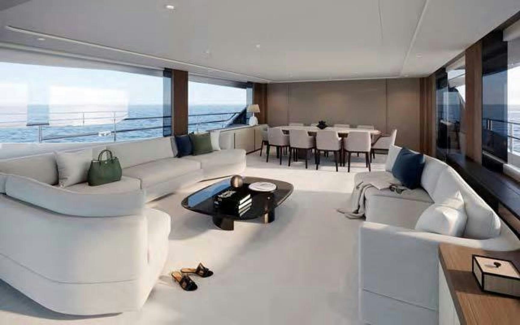 a living room with a large window aboard PRINCESS Y95 Yacht for Sale
