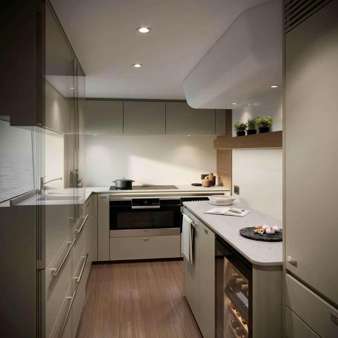 a kitchen with white cabinets aboard PRINCESS Y95 Yacht for Sale