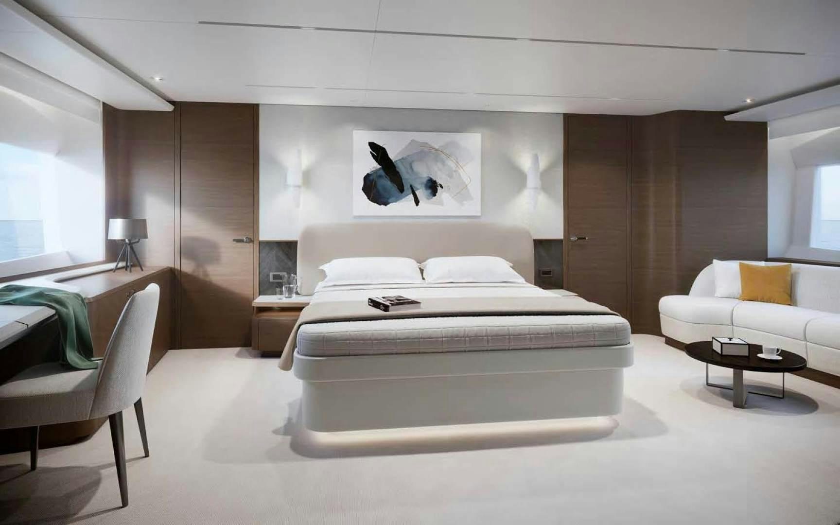 a modern bedroom with a bed aboard PRINCESS Y95 Yacht for Sale