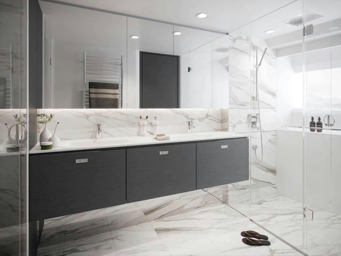 a bathroom with a large mirror aboard PRINCESS Y95 Yacht for Sale