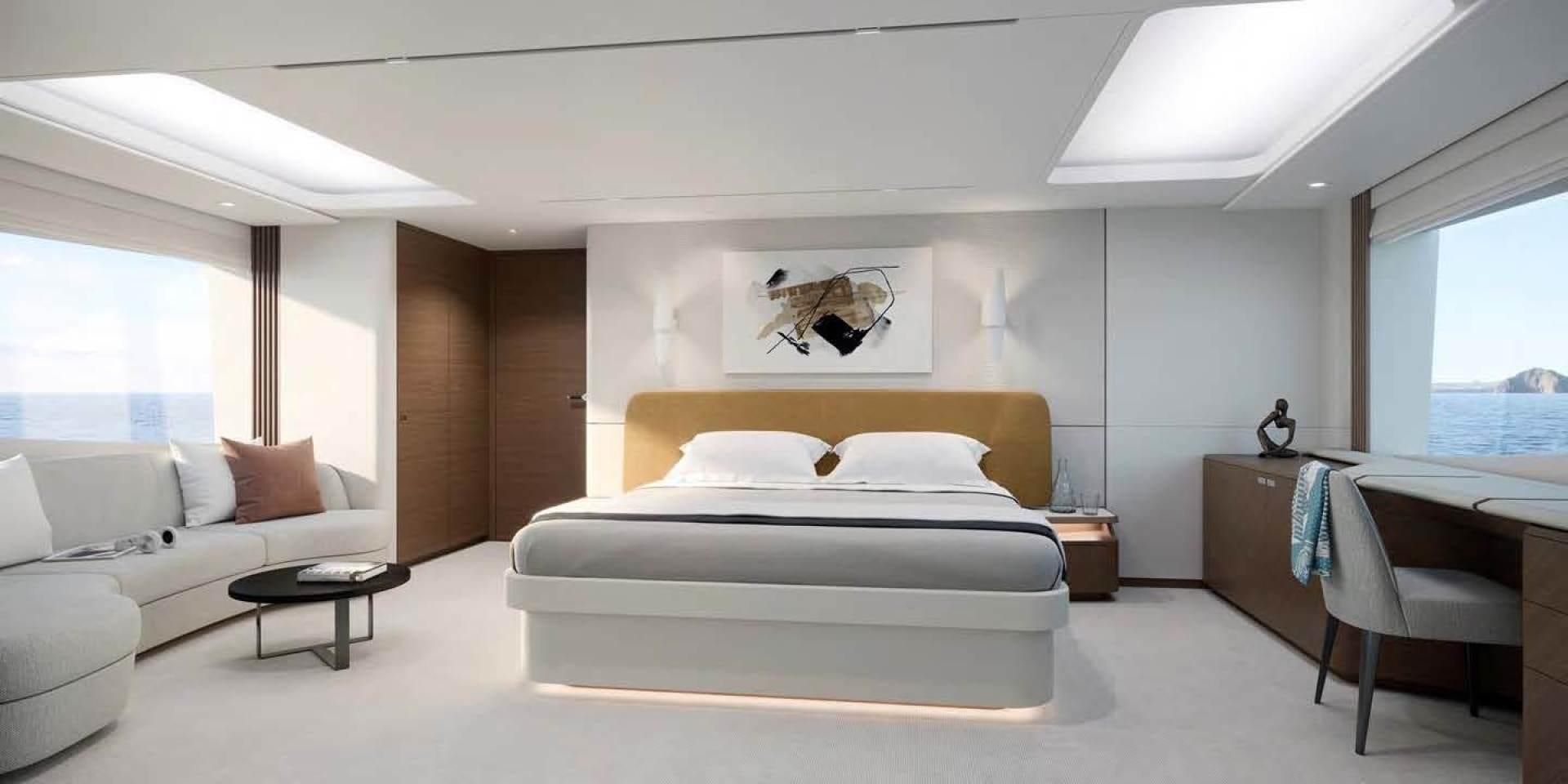 a bedroom with a bed and a desk aboard PRINCESS Y95 Yacht for Sale