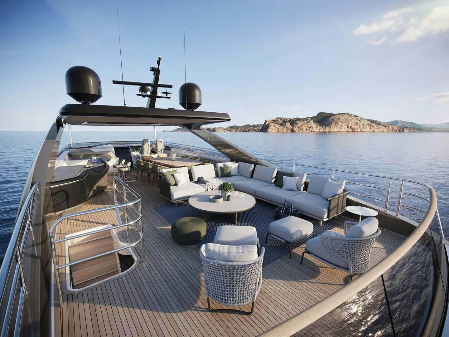 a deck with a table and chairs on it aboard PRINCESS Y95 Yacht for Sale