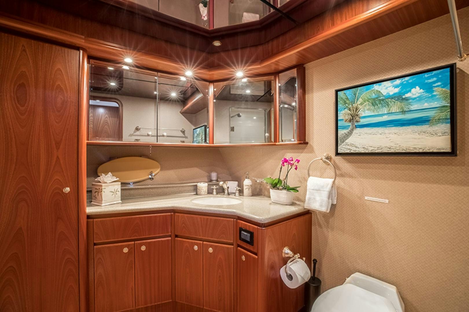 a bathroom with a television and a sink aboard FAN TAIL Yacht for Sale