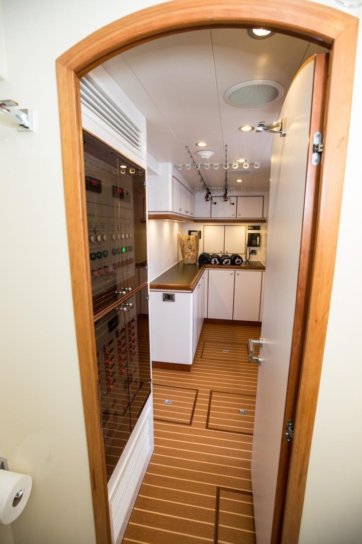 a bathroom with a large mirror aboard STERLING V Yacht for Sale