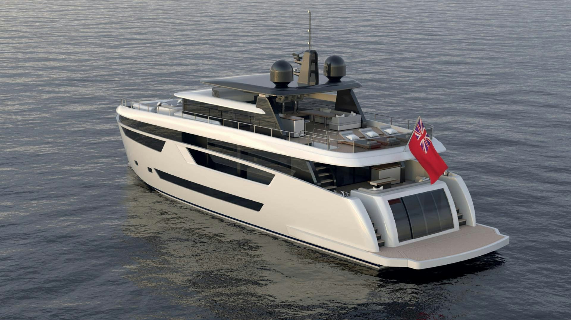 a white boat on the water aboard JOHNSON 92 FLYBRIDGE Yacht for Sale