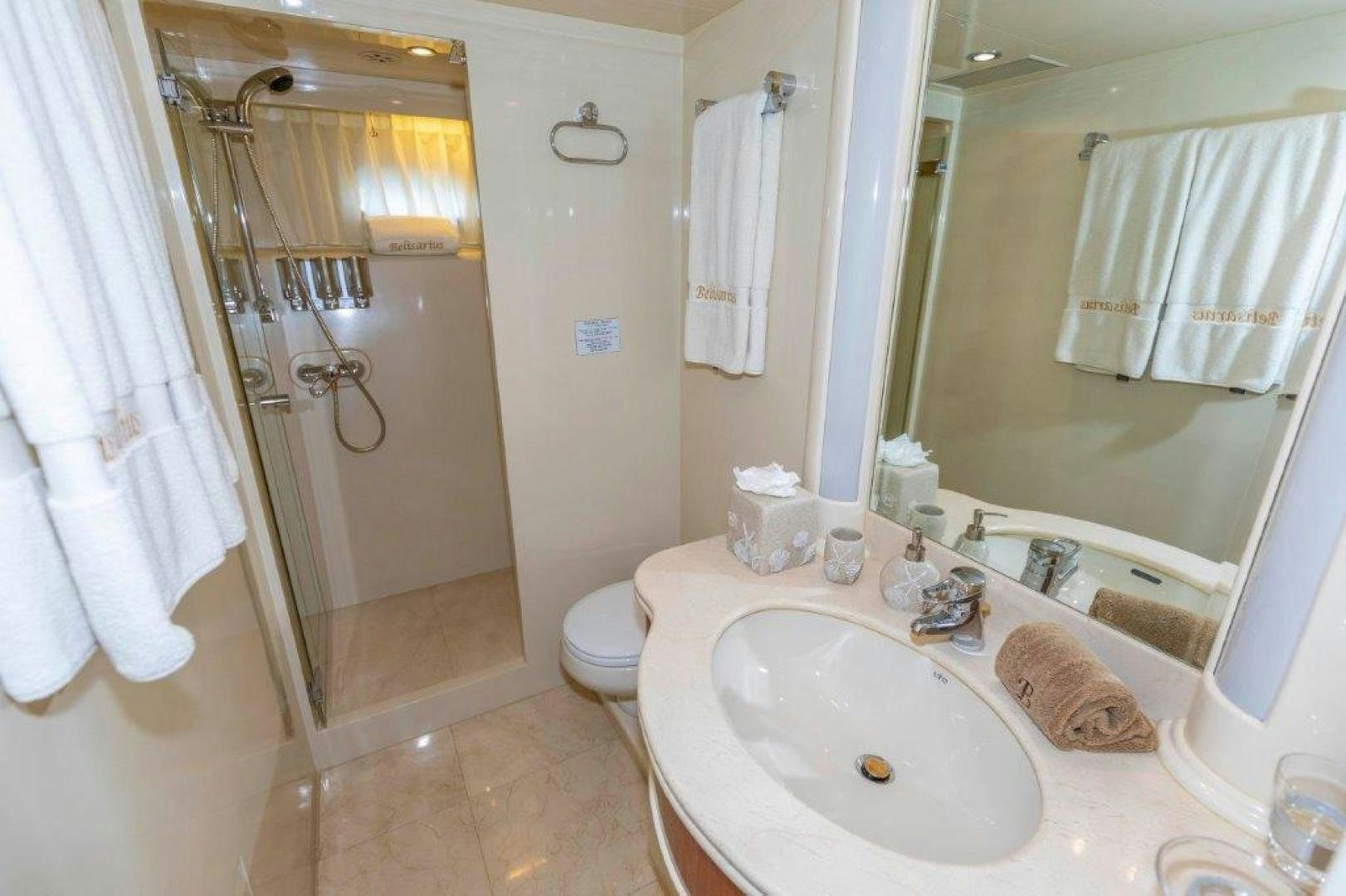 a bathroom with a sink and a shower aboard BELISARIUS Yacht for Sale