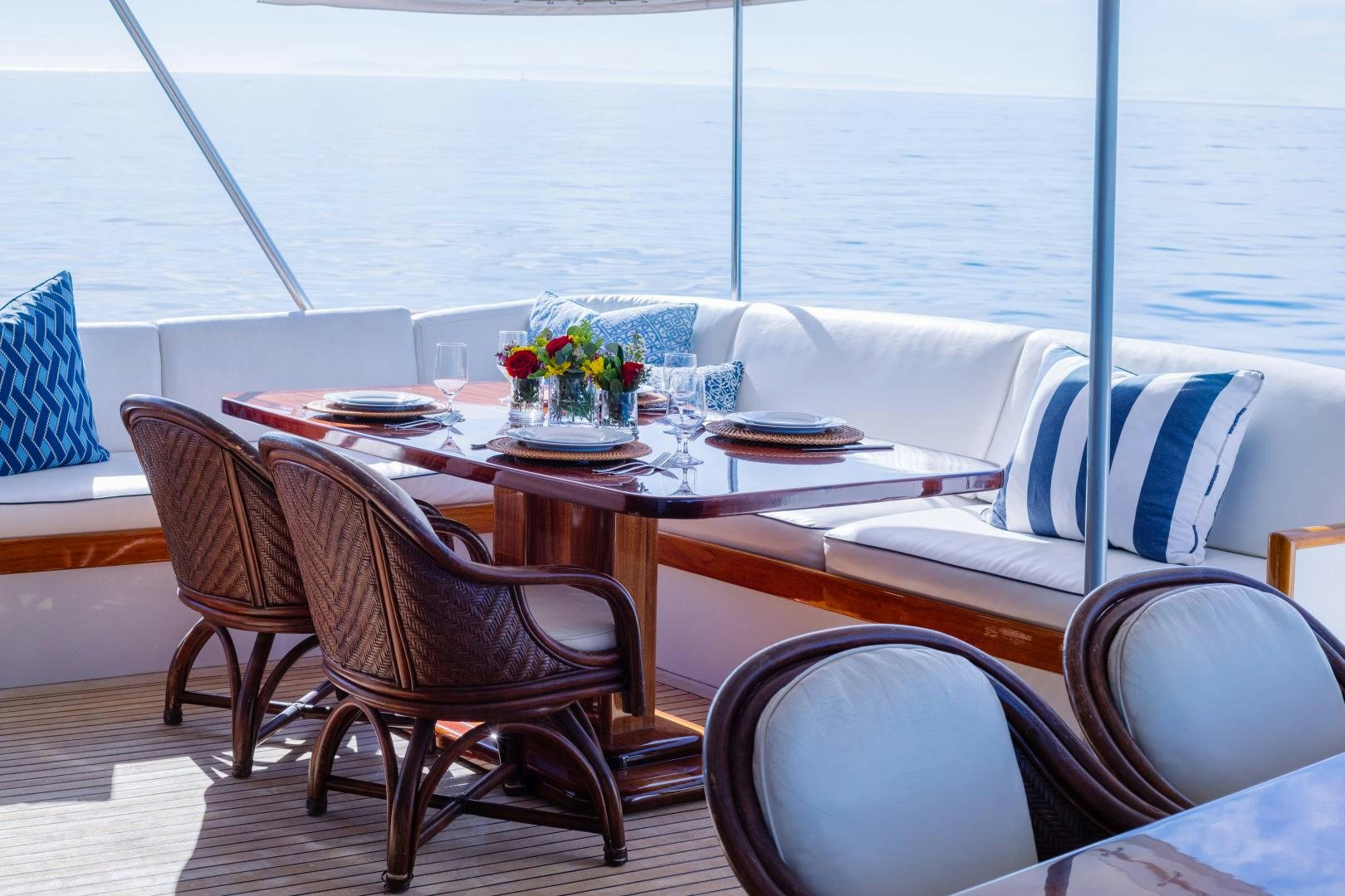 a table with chairs and a view of the ocean aboard NORDIC STAR Yacht for Sale