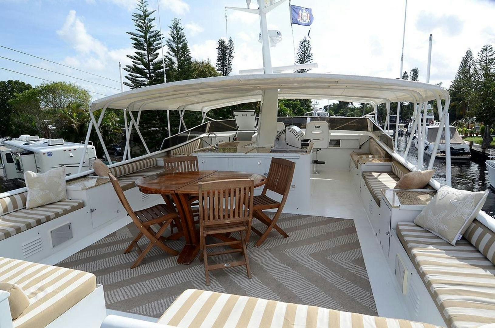 a deck with a table and chairs aboard GOLDEN GIRL Yacht for Sale