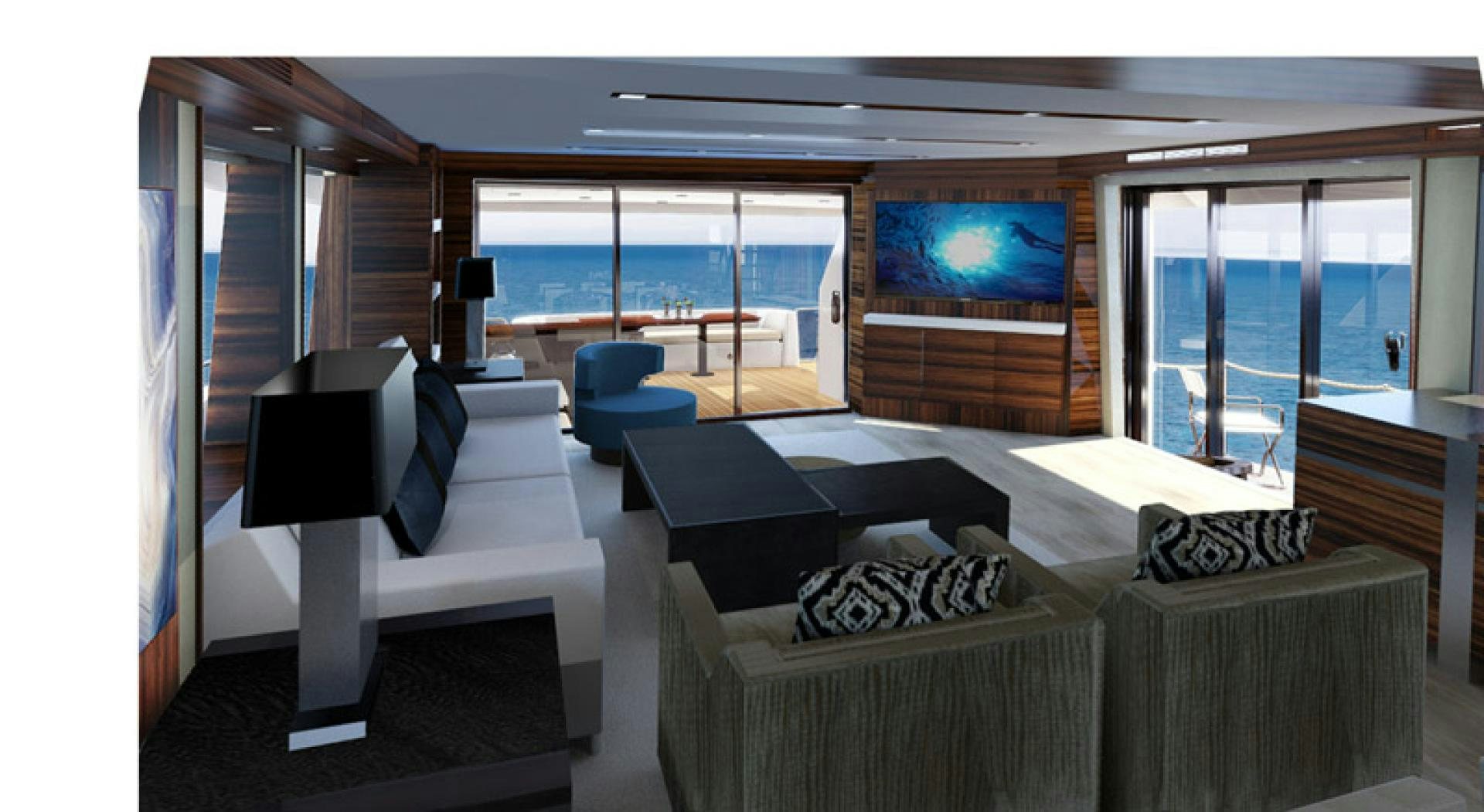 a room with a large window and a table with chairs aboard NO NAME Yacht for Sale