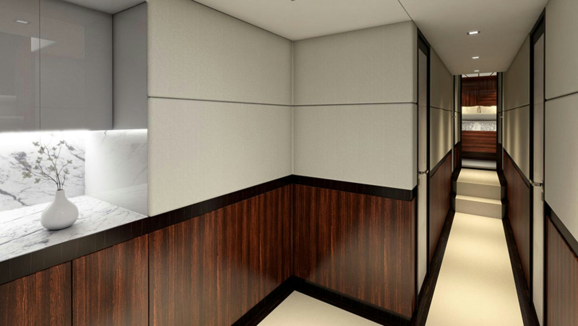 a hallway with a white wall and a vase with flowers aboard NO NAME Yacht for Sale