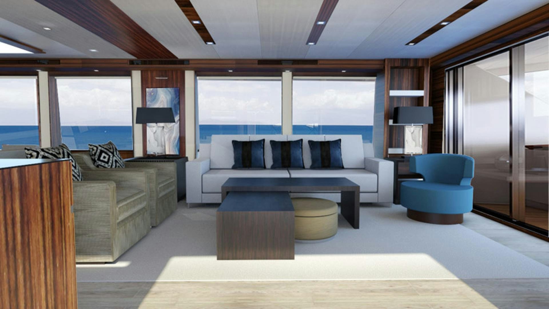 a living room with a couch and a table aboard NO NAME Yacht for Sale