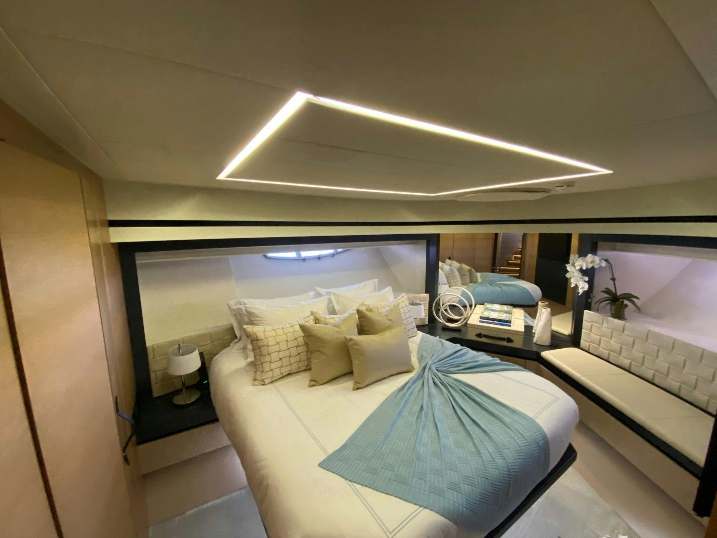 a room with a bed and a desk with a computer aboard NO NAME Yacht for Sale