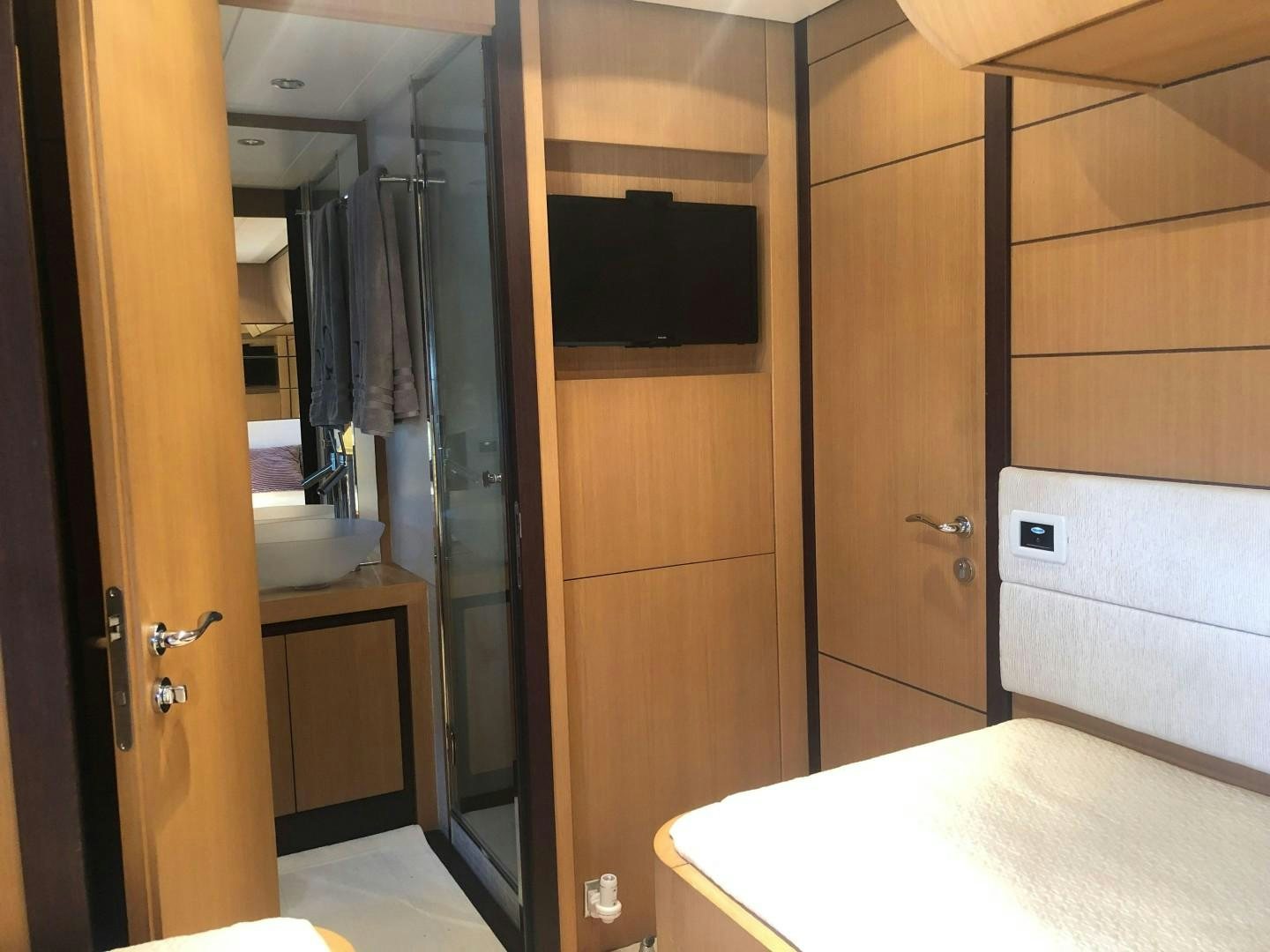a bathroom with a large shower unit aboard YCM 90 Yacht for Sale