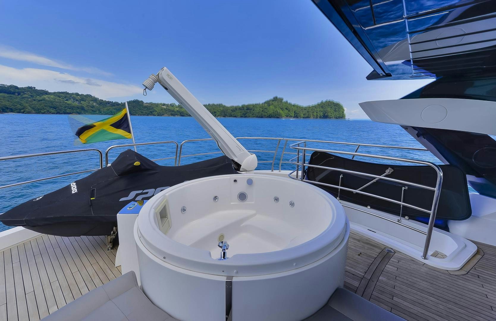 a boat with a sink and a blue sky aboard PURA VIDA Yacht for Sale