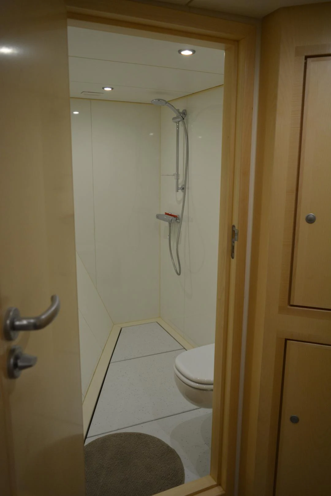 a bathroom with a shower and toilet aboard ELENA Yacht for Sale
