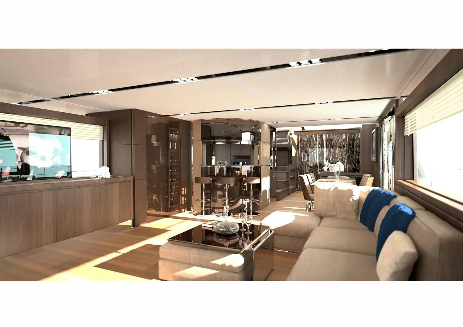 a living room with a large tv aboard SEDA Yacht for Sale