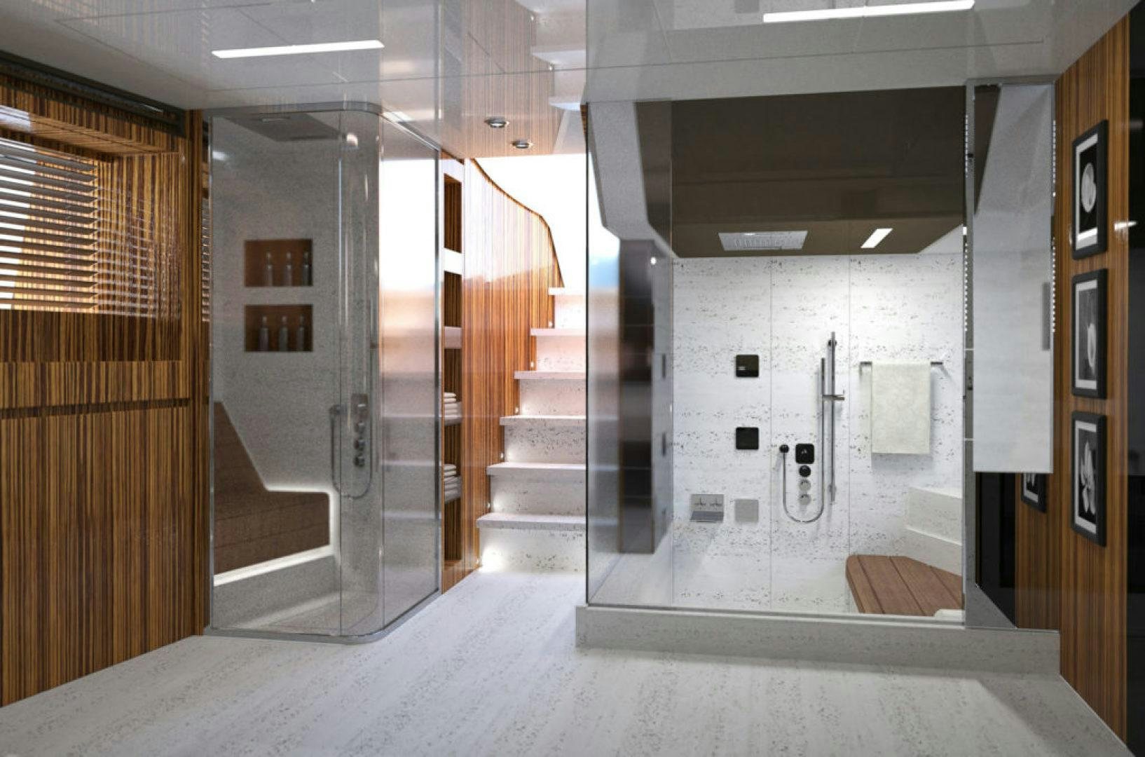 a room with a large mirror and a large hallway aboard SEDA Yacht for Sale