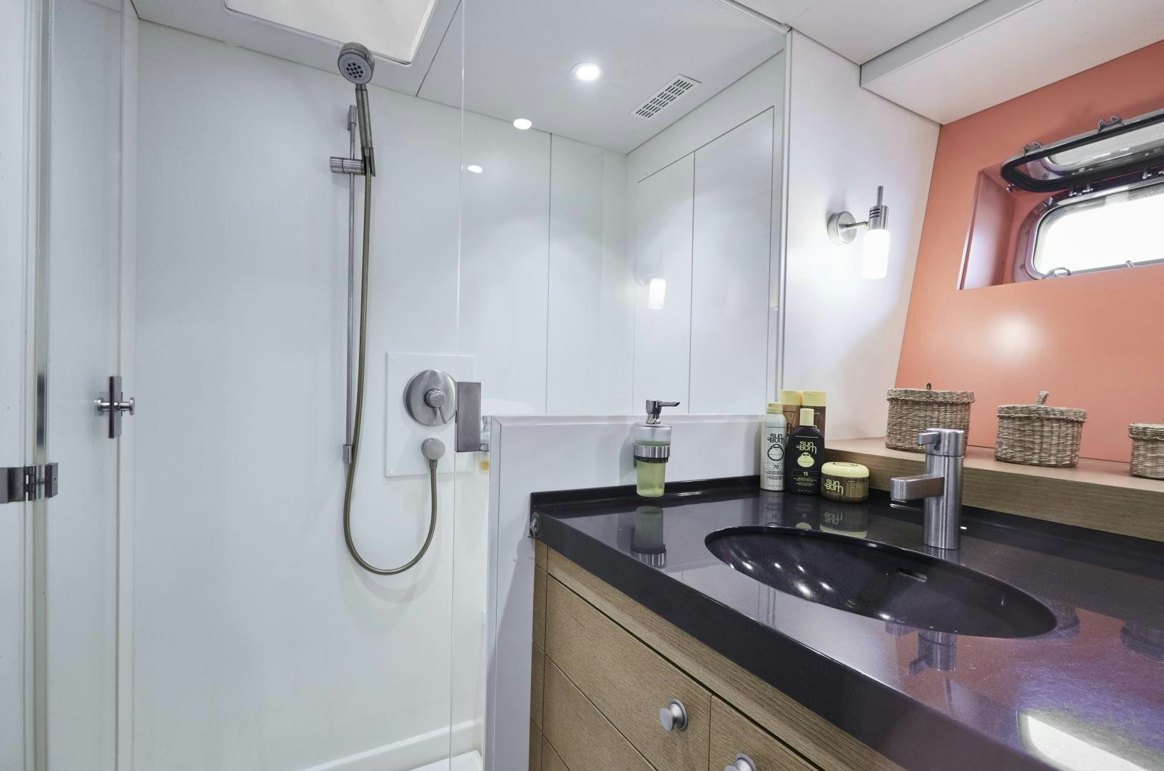 a kitchen with a sink and a telephone aboard CAPRICHO II Yacht for Sale