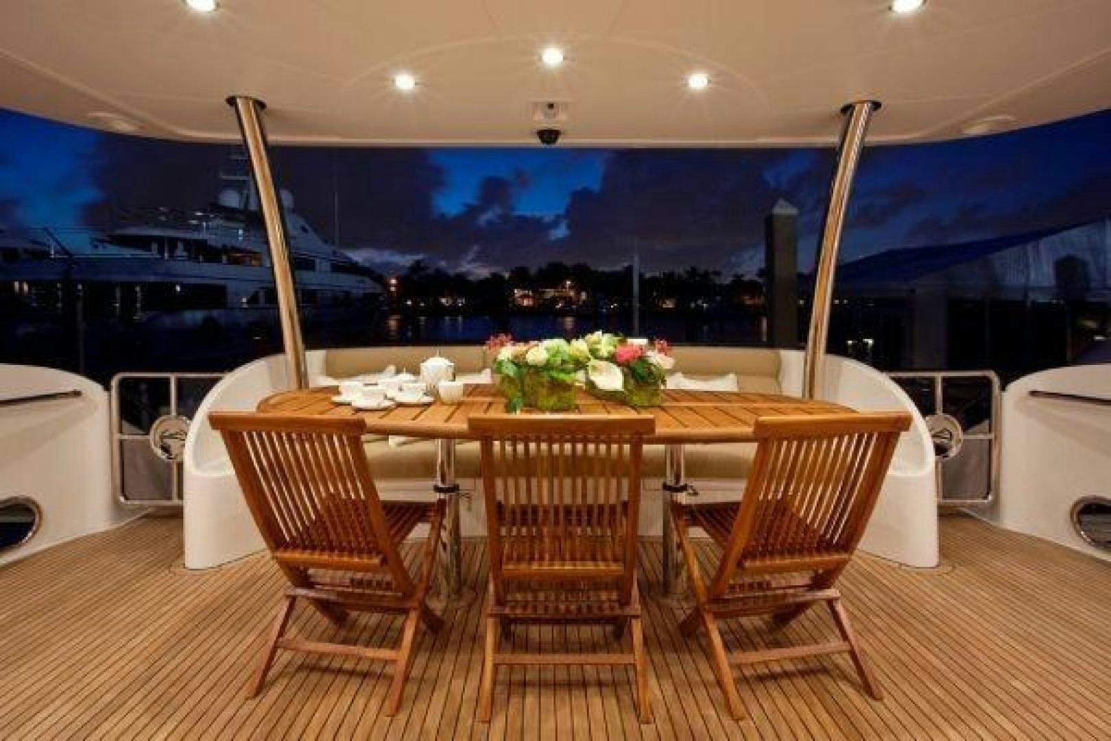 a table with chairs and a large mirror behind it aboard LUCKY DOG Yacht for Sale