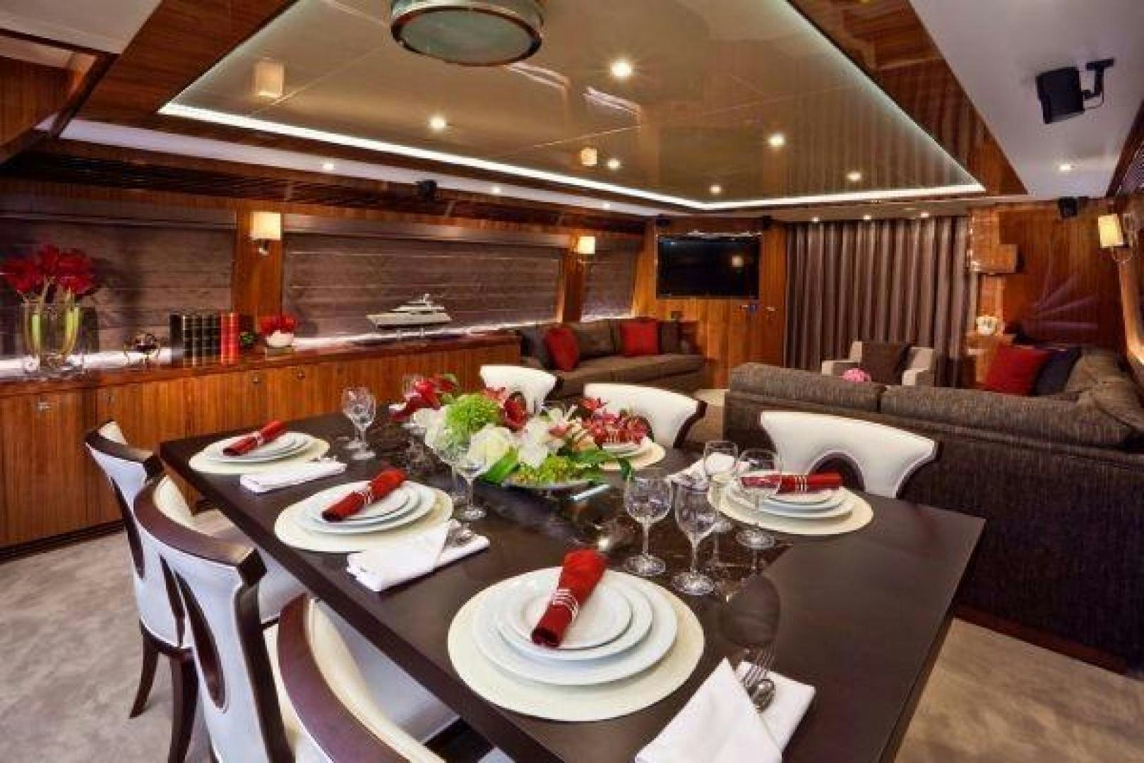 a dining table with plates and glasses aboard LUCKY DOG Yacht for Sale